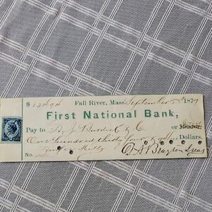 Vintage 1877 First National Bank Of Fall River, MA Check With Revenue Stamp
